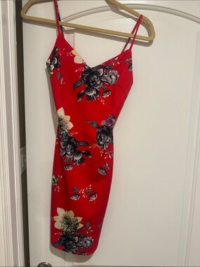 Blue Blush Red Floral Midi Slip Dress with Spaghetti Straps
